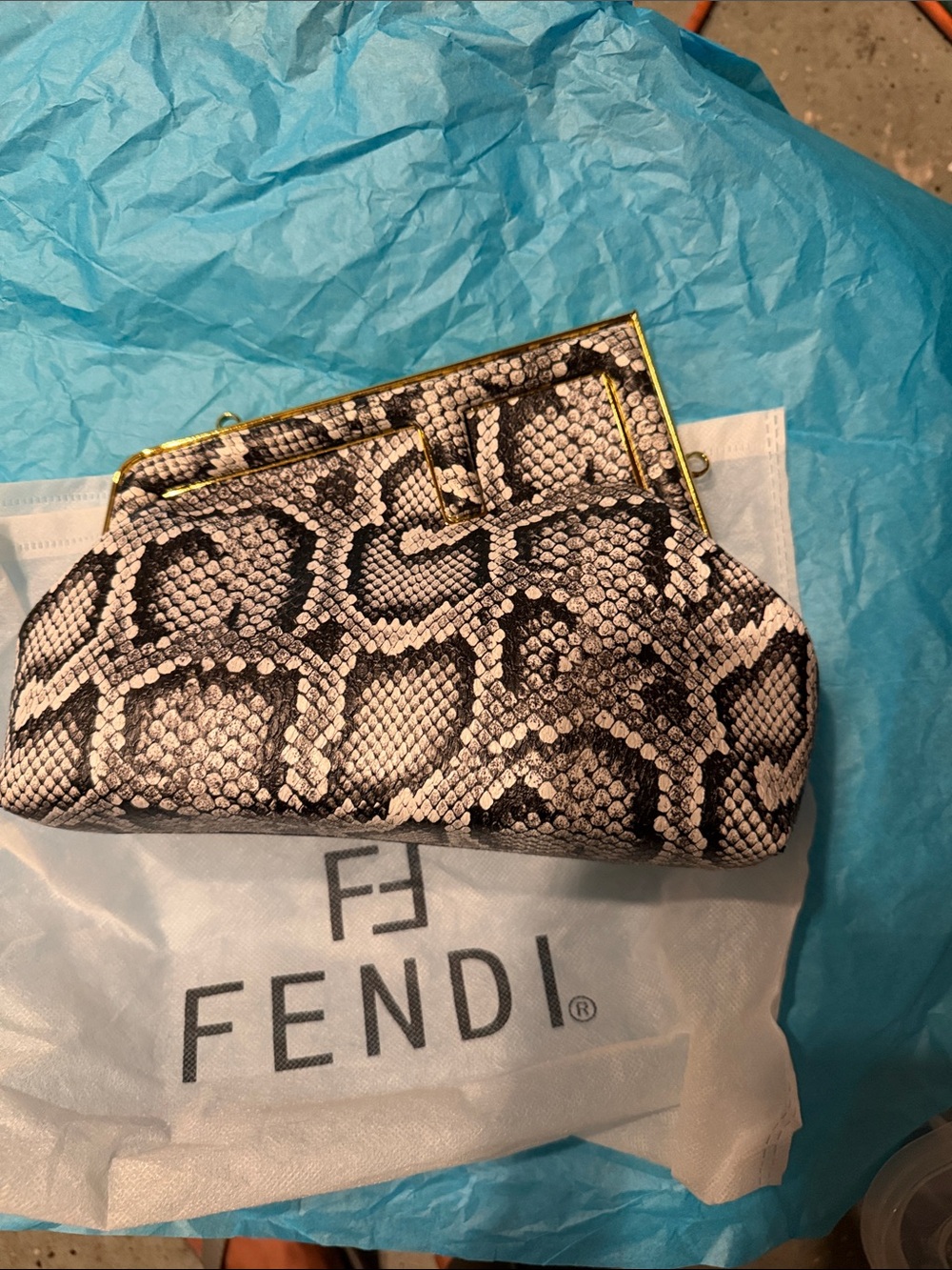 Fendi Black & Cream Python-Print Frame Clutch
